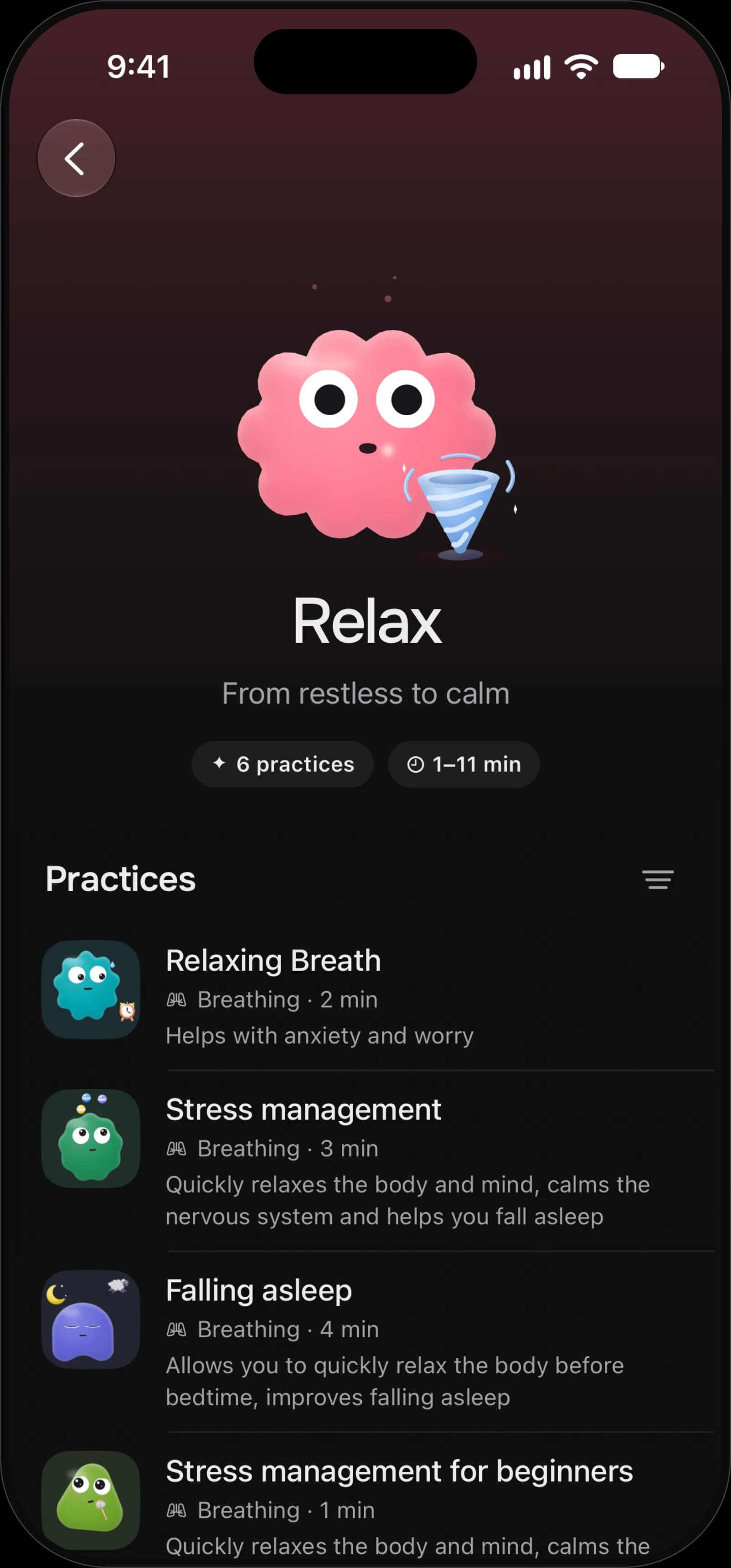 Mindship-App: „Relax“, von unruhig zu ruhig, mit Atemübungen und Infos dazu, wobei sie jeweils helfen
