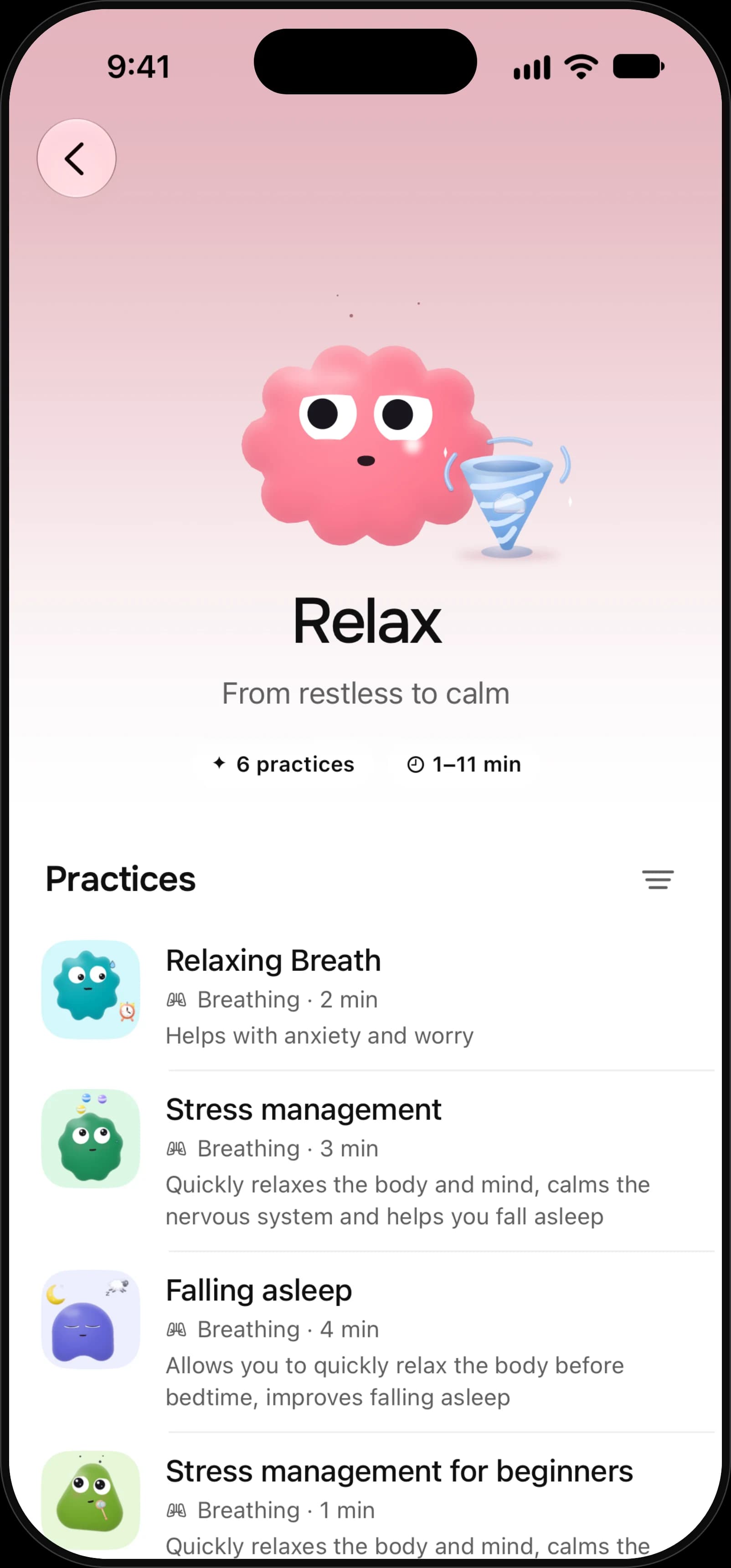 Mindship-App: „Relax“, von unruhig zu ruhig, mit Atemübungen und Infos dazu, wobei sie jeweils helfen