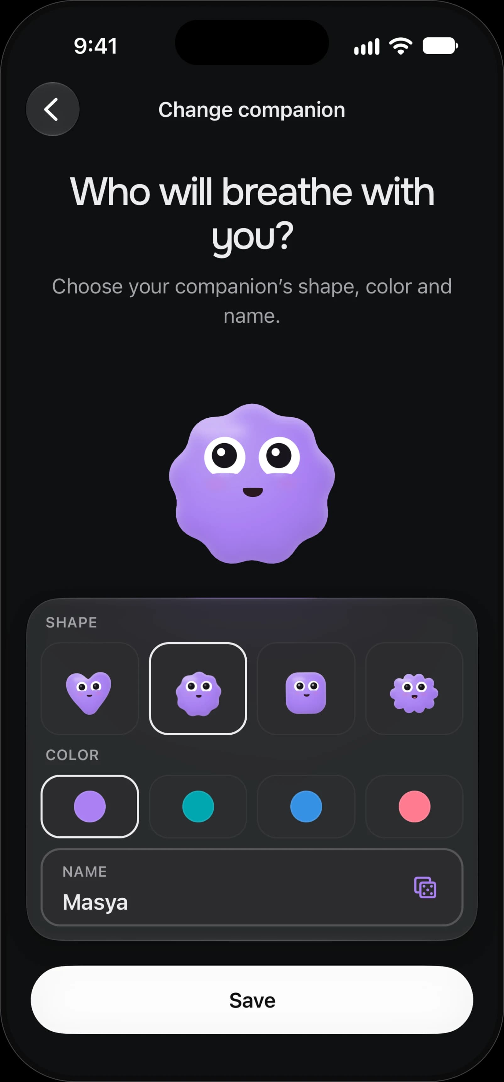 Mindship-App: Form, Farbe und Namen deiner Begleitfigur auswählen