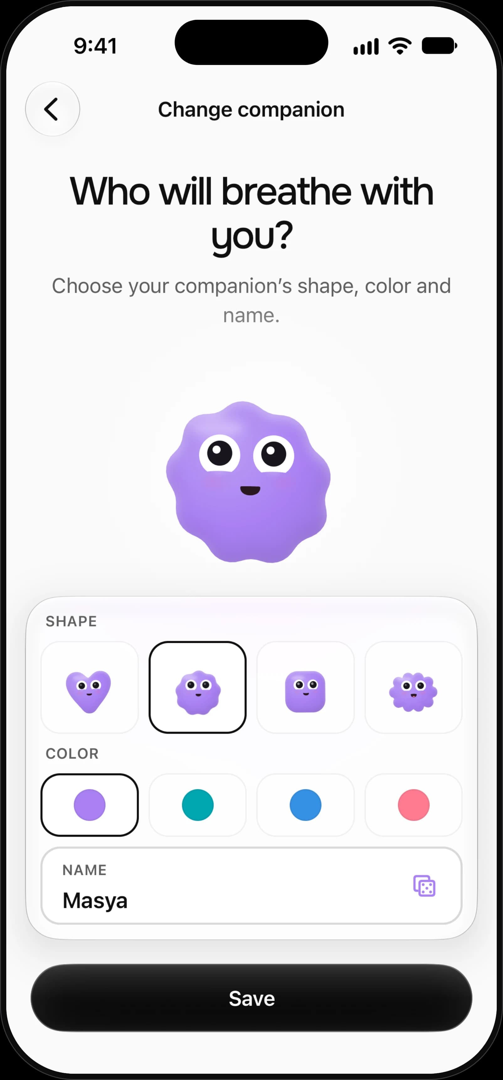 Mindship-App: Form, Farbe und Namen deiner Begleitfigur auswählen