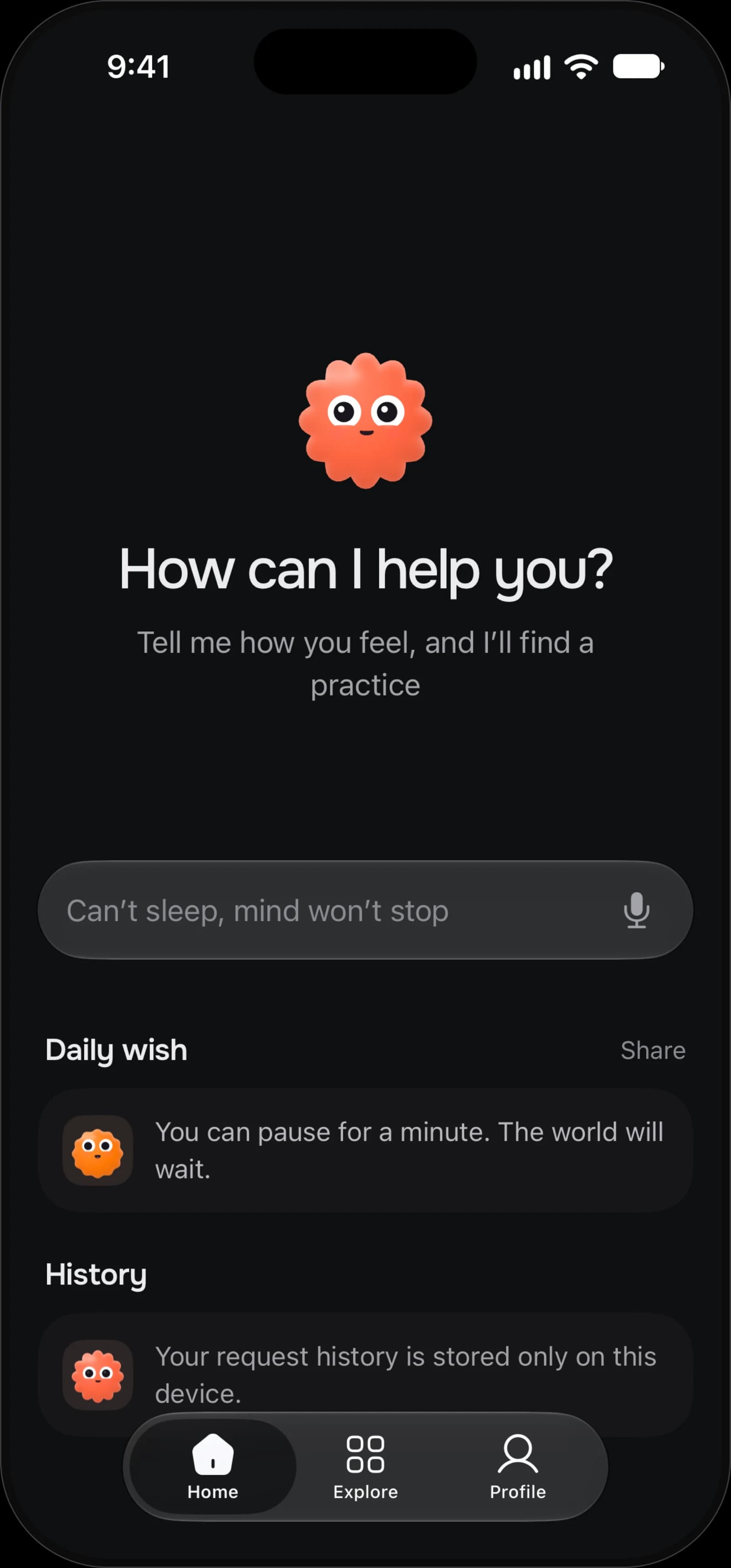 Mindship-App: Startbildschirm mit „How can I help you?“, Masya und dem Feld, in dem du sagst, wie du dich fühlst