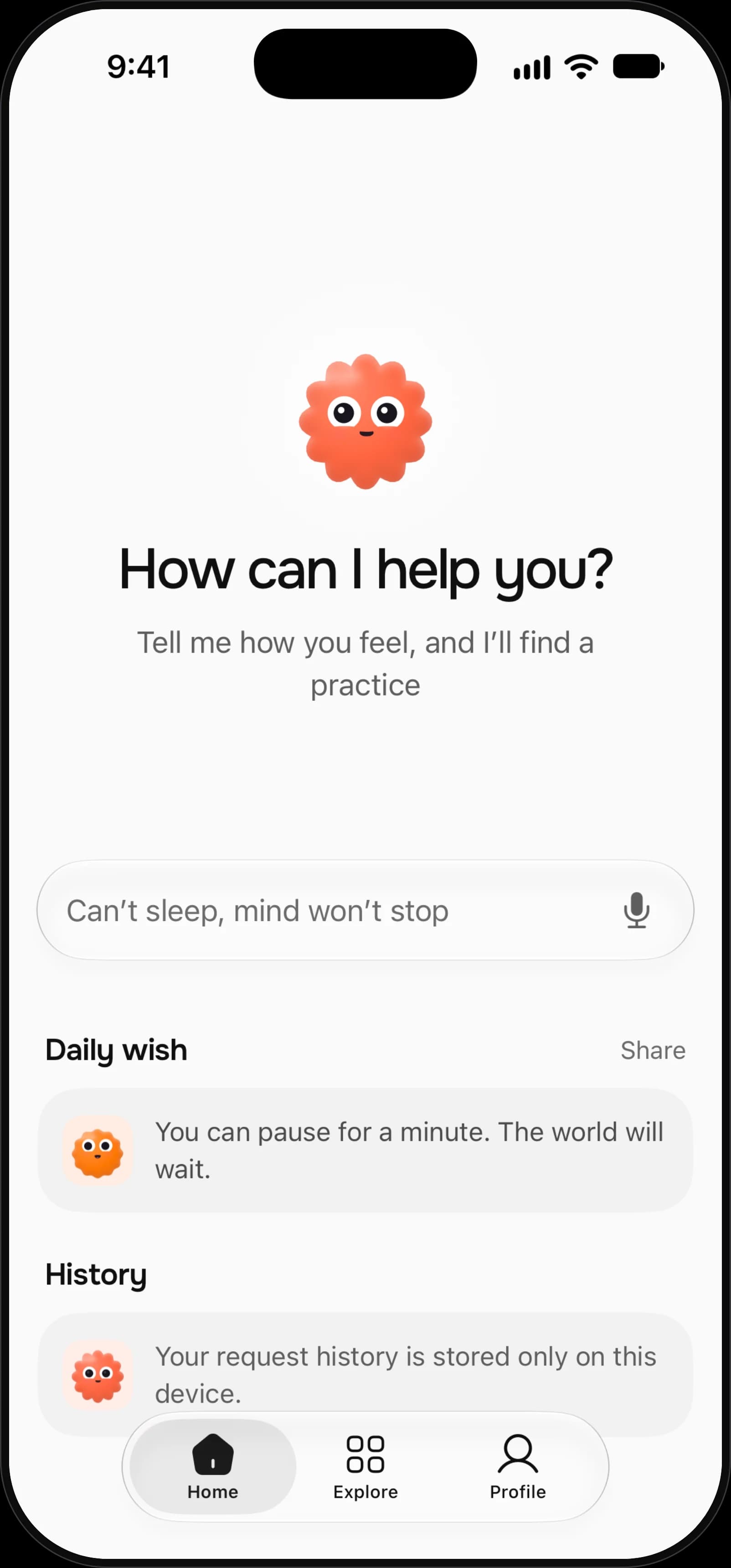 Mindship-App: Startbildschirm mit „How can I help you?“, Masya und dem Feld, in dem du sagst, wie du dich fühlst
