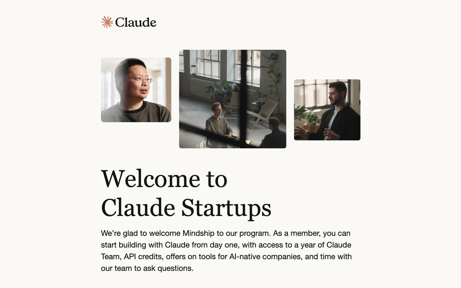E-Mail von Anthropic: „Willkommen bei Claude Startups. Wir freuen uns, Mindship in unserem Programm zu begrüßen“