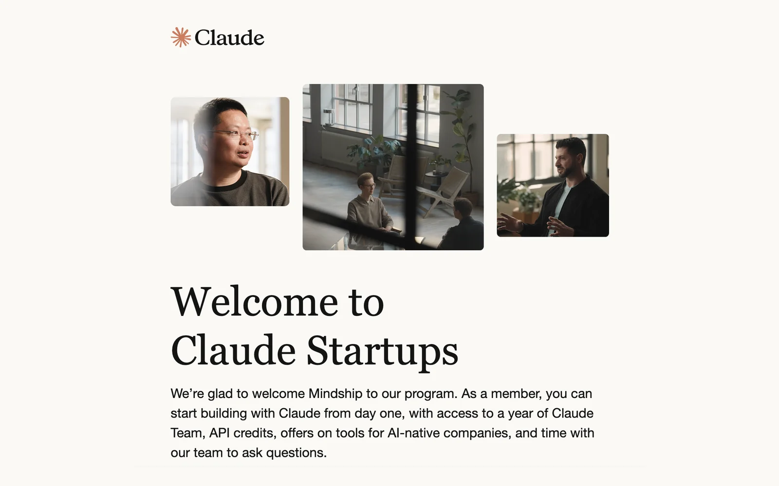 Email from Anthropic: "Welcome to Claude Startups. We're glad to welcome Mindship to our program"